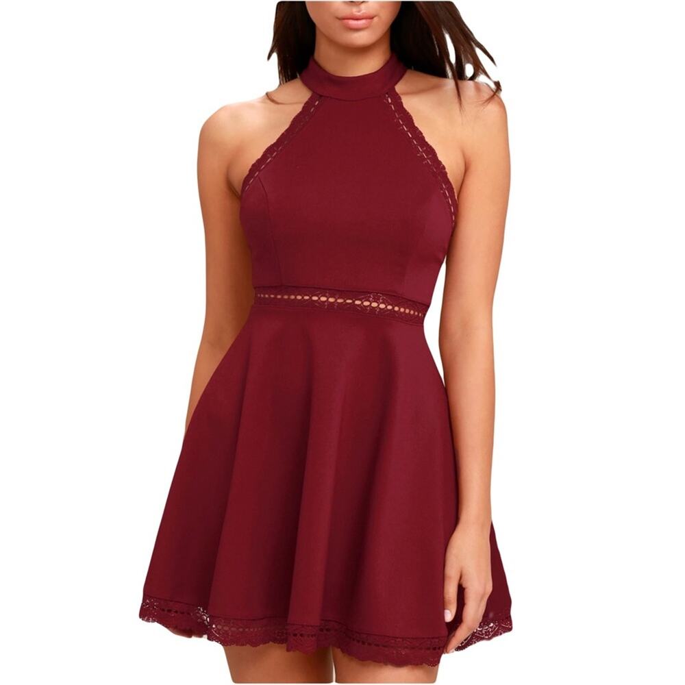 Lulus Reach Out My Hand Burgundy Lace Skater Dress Size L